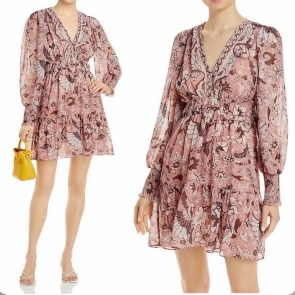 ANTHROPOLOGIE o.p.t Peach Floral Degage Metallic Boho Peasant Mini Dress - Picture 12 of 12